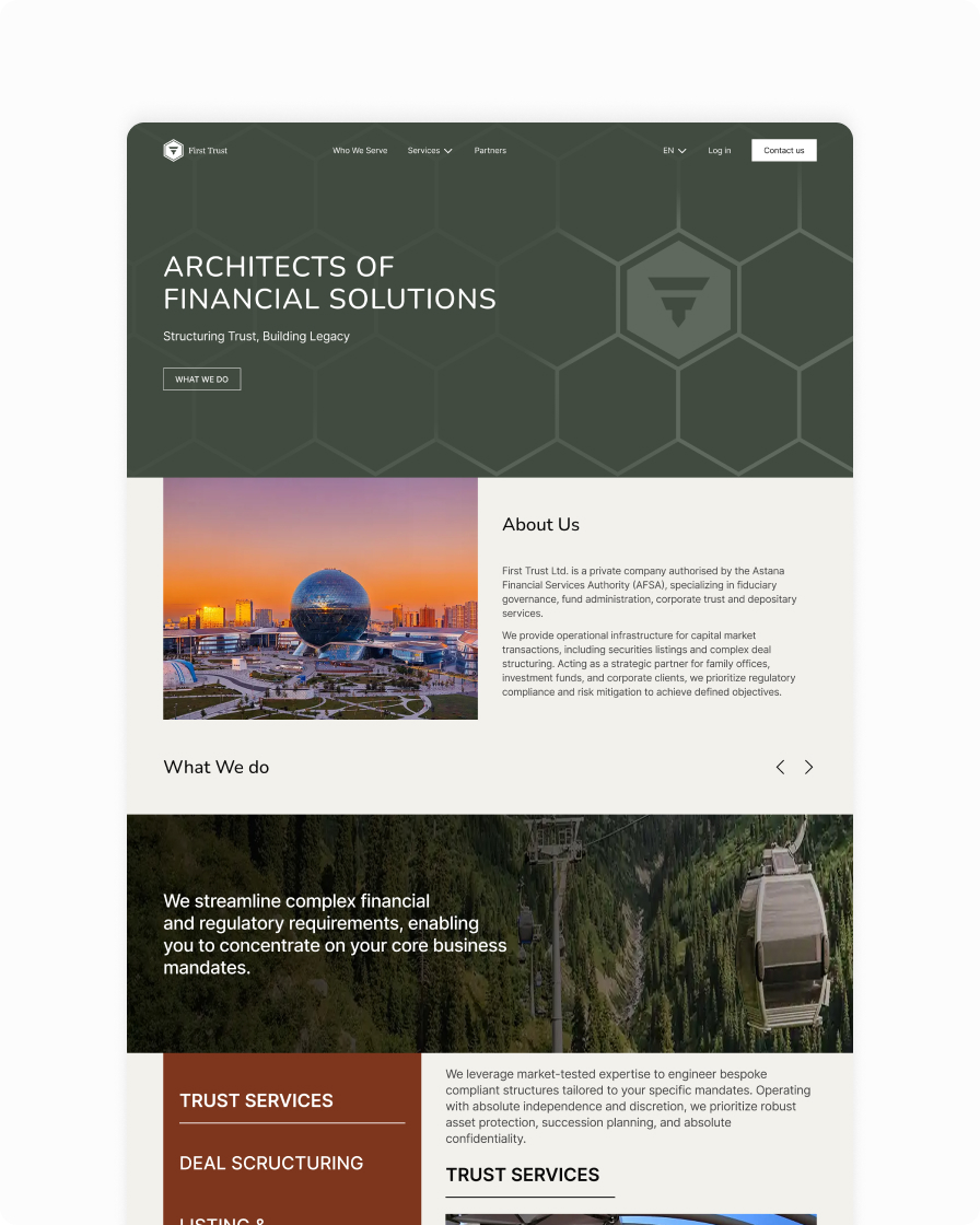 Скриншот проекта The First Trust — First Trust Ltd — частная компания в AIFC, авторизованная AFSA, которая занимается trust- и fiduciary-услугами, фондовым администрированием, структурированием сделок, листингом и кастодиальными сервисами для глобальной клиентской базы.