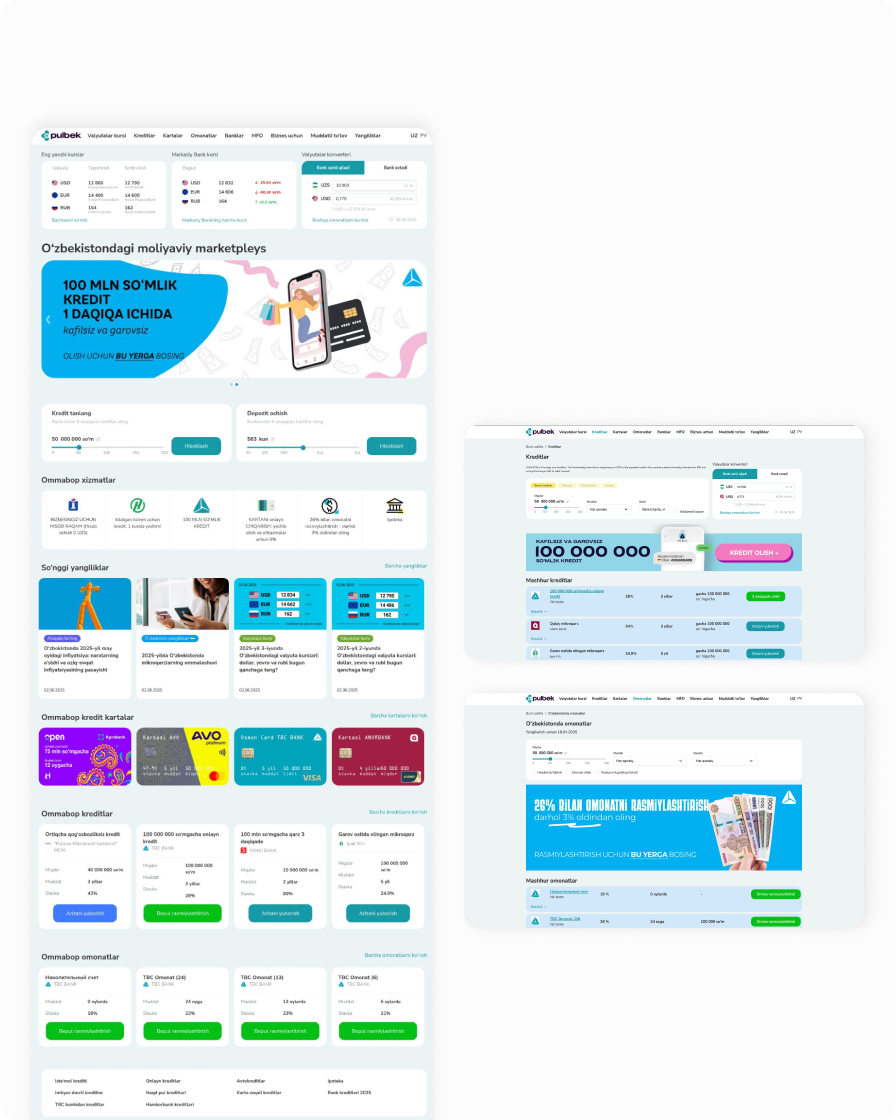 Скриншот проекта Pulbek — PULBEK — ведущая финансовая платформа Узбекистана с актуальными данными о банках, продвинутыми инструментами для расчётов и удобным интерфейсом.